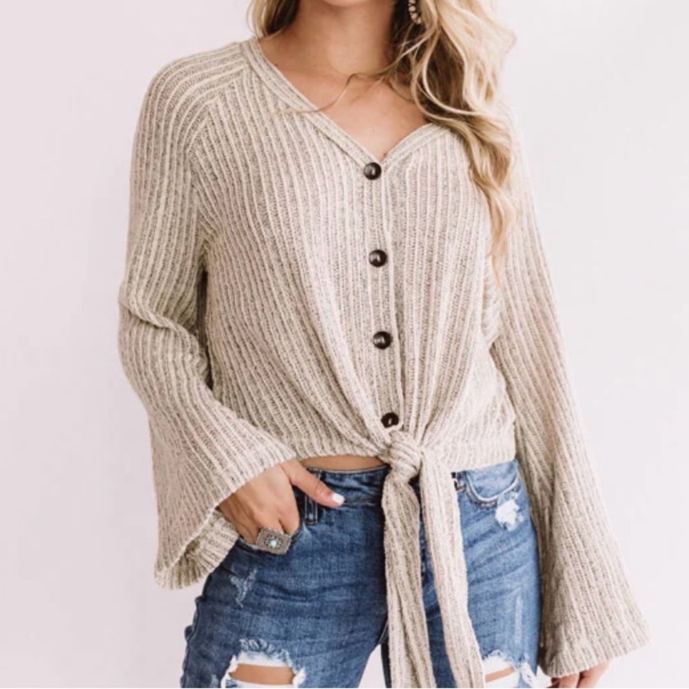 Altar’d State Knit Button Up Bell Long Sleeve Top Sz Medium - Picture 2 of 9